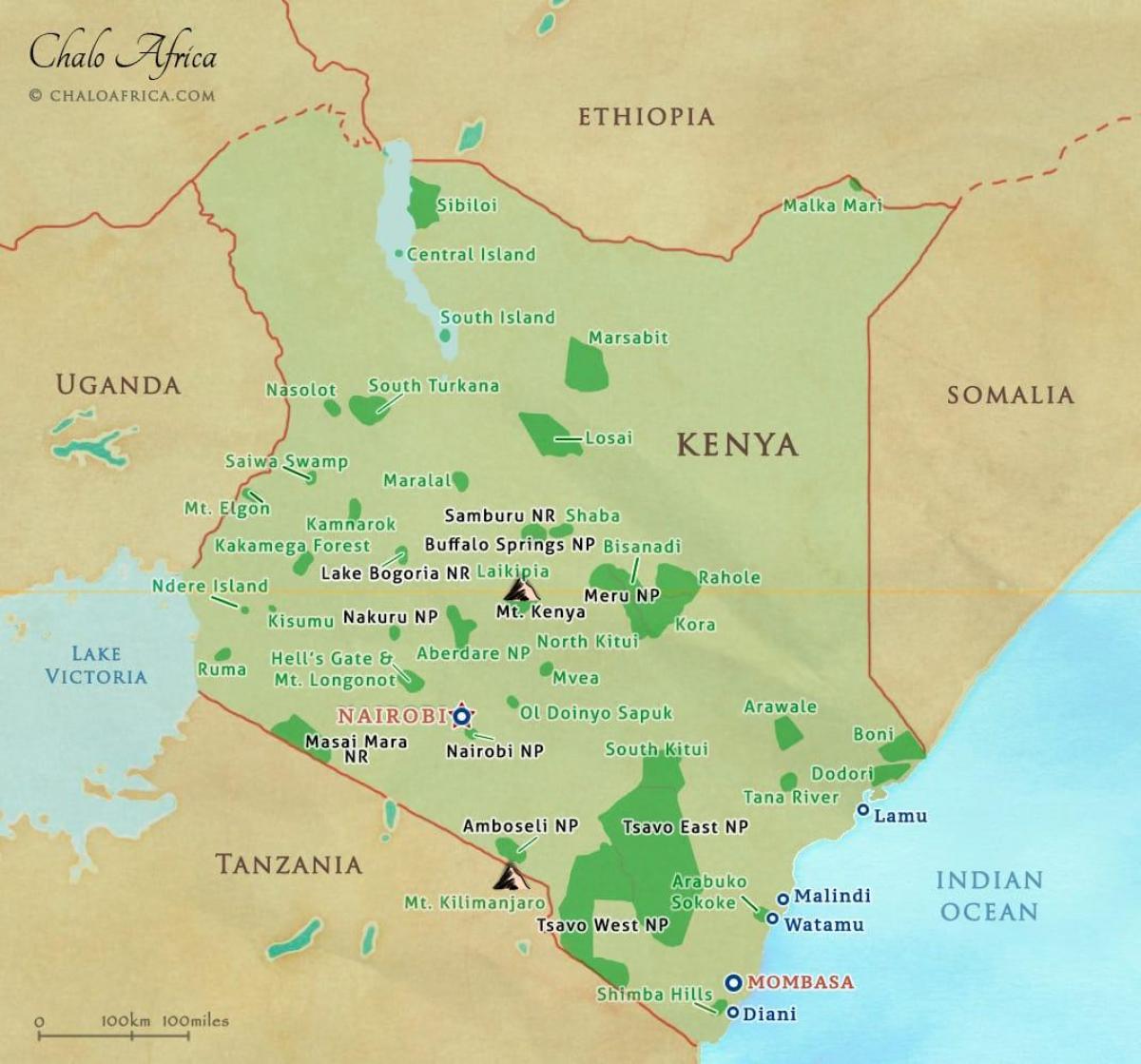 kaart van Kenia nationale parken en reservaten